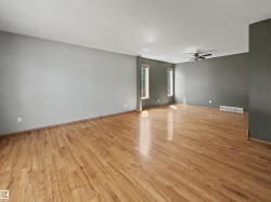 Spacious room featuring wood-finish flooring, light grey and dark grey painted walls, multiple windows, and a ceiling fan - 