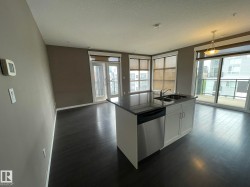 Modern kitchen island with a dark countertop, undermount double sink, and integrated stainless steel dishwasher - 