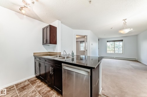 Compact kitchen featuring dark wood cabinetry, a double basin sink, and a stainless steel dishwasher - 103 3315 James Mowatt Trail Sw, Edmonton, AB - Indoor Photo Showing Kitchen With Double Sink