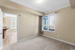 Carpeted room featuring a large window, crown molding, and a doorway opening to a space with wood-finish flooring and a kitchen counter with an undermount sink - 