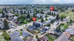 Aerial perspective showcasing a residential neighborhood with a mix of established homes and newer construction - 