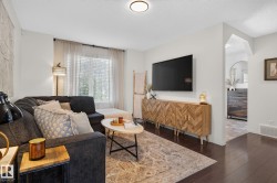 Living area with dark wood-finish flooring and light-toned walls - 