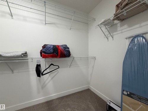 Walk-in closet featuring carpet flooring, white walls, white baseboards, and multiple wire shelving units - 3631 213 Street Nw, Edmonton, AB - Indoor With Storage