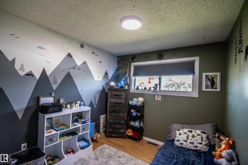 Room featuring a painted accent wall with mountain and tree motifs, a white framed window with a dark roller shade, and wood-finish flooring - 5017 55 Ave, St. Paul Town, AB - Indoor
