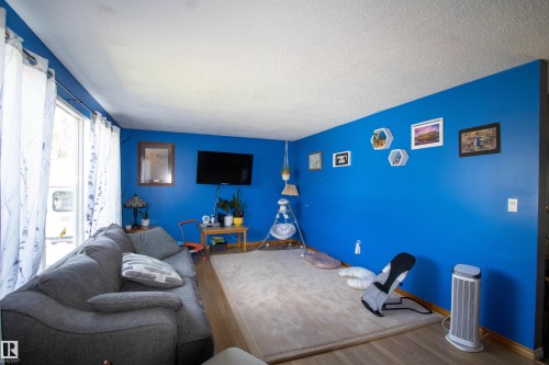 Living area with light wood-finish flooring, a bright blue accent wall, and a large window with sheer privacy curtains - 5017 55 Ave, St. Paul Town, AB - Indoor