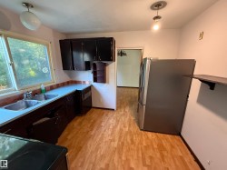 Kitchen featuring dark wood cabinetry, a double basin stainless steel sink, light-toned countertops, and wood-finish flooring - 