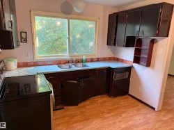 Kitchen featuring a double-basin stainless steel sink, tile backsplash, laminate countertops, and wood-finish flooring - 