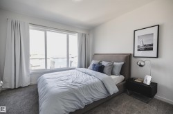 Bedroom featuring a large multi-pane window with white trim, light-toned walls, and grey carpeting - 