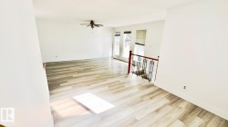 Spacious living area featuring light wood-finish flooring, a ceiling fan, and multiple windows - 