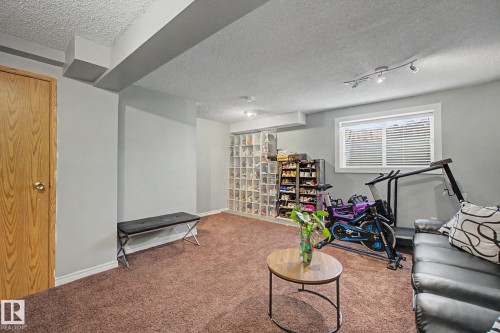 Finished room featuring carpet flooring, painted walls, a window with horizontal blinds, track lighting, and a solid wood door - 18407 95A Avenue Nw, Edmonton, AB - Indoor