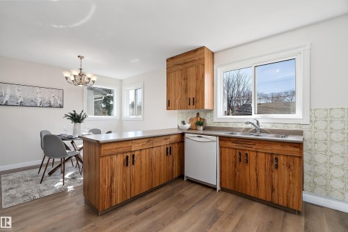 The large window over the sink makes it easy to keep an eye on 2 legged and 4 legged family members in the backyard. - 9747 66 Avenue Nw, Edmonton, AB - Indoor Photo Showing Kitchen With Double Sink
