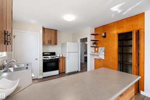 Not all homes of this vintage have a pantry right in the kitchen. - 9747 66 Avenue Nw, Edmonton, AB - Indoor Photo Showing Kitchen With Double Sink