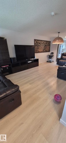 Bright open-concept living area featuring light wood-finish flooring, white walls, and a textured ceiling - 22803 94 Anenue Northwest, Edmonton, AB - Indoor Photo Showing Other Room