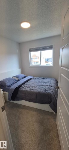Room featuring a window with a roller shade, light gray walls, and textured carpeting - 22803 94 Anenue Northwest, Edmonton, AB - Indoor Photo Showing Bedroom