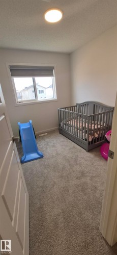 Bright room featuring neutral carpeting, a window with roller blinds, and a ceiling-mounted light fixture - 22803 94 Anenue Northwest, Edmonton, AB - Indoor