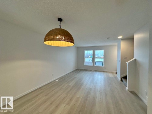 Spacious room featuring a contemporary woven pendant light fixture, light wood-finish flooring, recessed lighting, and multiple windows - 22803 94 Anenue Northwest, Edmonton, AB - Indoor Photo Showing Other Room