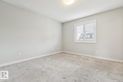 Neutral-toned room featuring a single window with white louvered shutters, light gray wall paint, and a textured carpet flooring - 