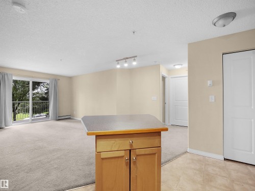 Open-concept living area featuring a wood-finish island with a stone-finish countertop, neutral-toned carpeting, and a glass sliding door leading to a balcony with metal railings - #220 245 Edwards Dr Sw, Edmonton, AB - Indoor Photo Showing Kitchen