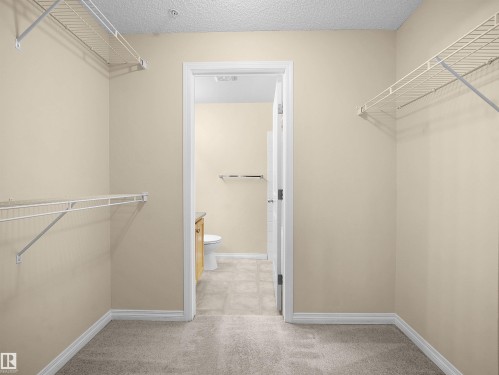 Walk-in closet featuring wire shelving, light beige wall paint, and grey carpeting - #220 245 Edwards Dr Sw, Edmonton, AB - Indoor With Storage