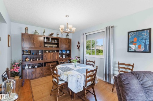 Wood-finish flooring, built-in wooden cabinetry, window with privacy shade, and overhead lighting fixture - 30 Cavanagh Crescent, Stony Plain, AB - Indoor Photo Showing Dining Room