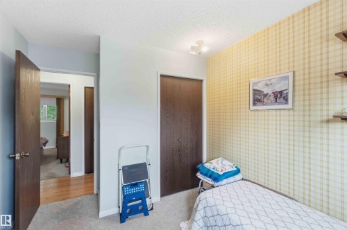 Plaid wallpaper accent wall, wall-to-wall carpeting, wood-finish interior doors, and a ceiling-mounted light fixture - 30 Cavanagh Crescent, Stony Plain, AB - Indoor Photo Showing Bedroom