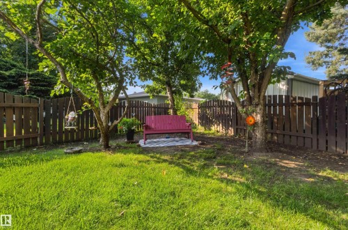 Expansive grassy yard area with established trees and a wooden privacy fence - 30 Cavanagh Crescent, Stony Plain, AB - Outdoor