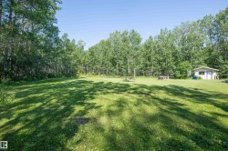 Expansive outdoor space featuring a large grassy area, mature trees bordering the perimeter, and a detached shed with a white door and window - 