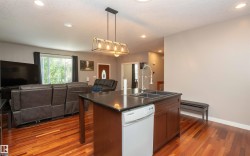 Kitchen island featuring a double sink with gooseneck faucet, integrated dishwasher, and dark cabinetry - 