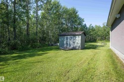 Expansive green lawn with a detached storage shed, framed by mature trees - 