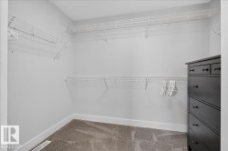 Spacious closet featuring white wire shelving, light gray wall paint, white baseboards, and gray carpet flooring - 