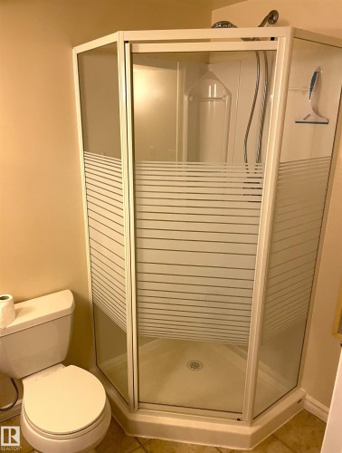 Corner shower enclosure with frosted glass panels and a built-in shower head - 11308 73 Avenue Nw, Edmonton, AB - Indoor Photo Showing Bathroom