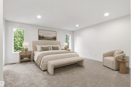 Carpeted bedroom featuring white walls, recessed lighting, and two windows - 140 Healy Road Nw, Edmonton, AB - Indoor Photo Showing Bedroom