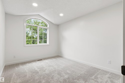 Arched window with gridded panes and white trim - 140 Healy Road Nw, Edmonton, AB - Indoor Photo Showing Other Room