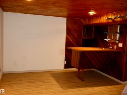 Wood-paneled accent wall with built-in bar featuring a sink and wood-finish countertop - 