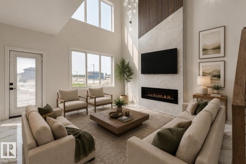 Spacious living area featuring a two-story ceiling, large windows, an integrated electric fireplace, a marble-patterned accent wall, and wood-finish wall paneling - 4723 17 Avenue Sw, Edmonton, AB - Indoor Photo Showing Living Room With Fireplace