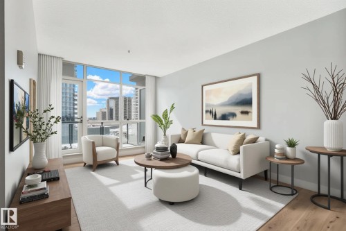 Living area featuring expansive floor-to-ceiling windows, wood-finish flooring, light gray wall finishes, and a large light-toned area rug - #910 10238 103 St Nw, Edmonton, AB - Indoor Photo Showing Living Room