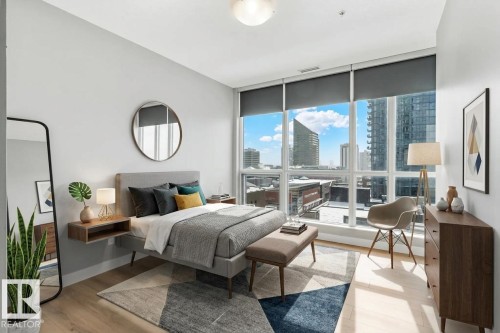 Expansive floor-to-ceiling windows with roller shades - #910 10238 103 St Nw, Edmonton, AB - Indoor