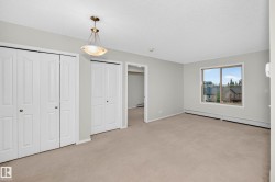 Spacious room featuring neutral carpeting, light gray walls, a window offering exterior views, and multiple white bi-fold closet doors - 