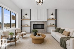 Contemporary living area featuring a linear electric fireplace with stone surround, a mantel, and paneled accent wall - 