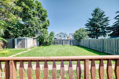 Spacious rear yard featuring an expansive lawn, established perimeter fencing, mature trees, and a functional storage shed - 6208 11 Ave Nw Nw, Edmonton, AB - Outdoor With Backyard