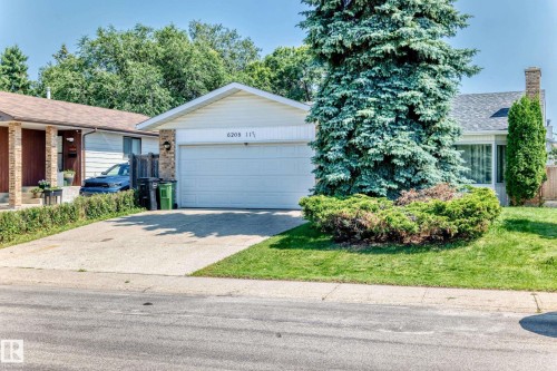 Front exterior featuring a single-car garage, concrete driveway, and mature landscaping - 6208 11 Ave Nw Nw, Edmonton, AB - Outdoor