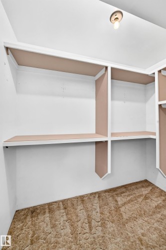 Built-in shelving system with white frame and beige backing, recessed lighting fixture, and textured brown carpeting - 6208 11 Ave Nw Nw, Edmonton, AB - Indoor With Storage