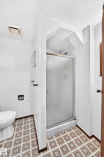 Bathroom featuring a shower with frosted glass enclosure, white toilet, and patterned floor tile - 6208 11 Ave Nw Nw, Edmonton, AB - Indoor Photo Showing Bathroom