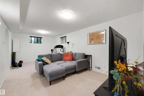 Finished lower level featuring recessed lighting, a neutral carpet, white painted walls, and two visible windows - 10732 129 Street Nw, Edmonton, AB - Indoor