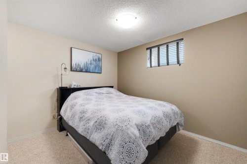 Bedroom featuring neutral-toned walls, textured ceiling, a flush-mount ceiling light, and light-colored carpeting - 10732 129 Street Nw, Edmonton, AB - Indoor Photo Showing Bedroom