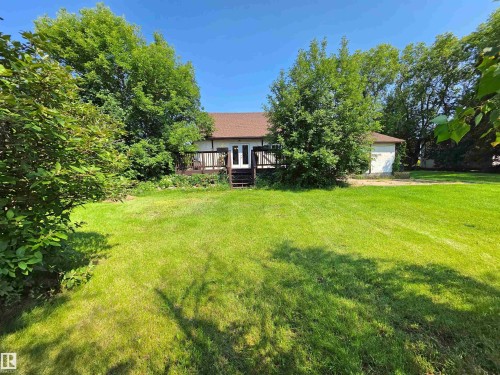 Expansive green lawn with mature trees and established shrubbery surrounding a concrete patio area - 3003 Park Avenue, Mallaig, AB - Outdoor