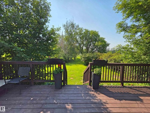 Expansive wood deck with a perimeter railing and mature tree canopy - 3003 Park Avenue, Mallaig, AB - Outdoor With Deck Patio Veranda With Exterior