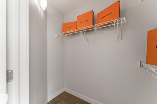 Walk-in closet featuring light gray walls, white wire shelving, a ceiling-mounted light fixture, and carpet flooring - #18 7289 South Terwillegar Dr Nw, Edmonton, AB - Indoor With Storage