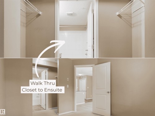 Enclosed closet area with wire shelving, leading to a bathroom featuring white subway tile in the shower - #109 3207 James Mowatt Tr Sw, Edmonton, AB - Indoor