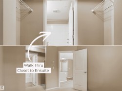 Enclosed closet area with wire shelving, leading to a bathroom featuring white subway tile in the shower - 